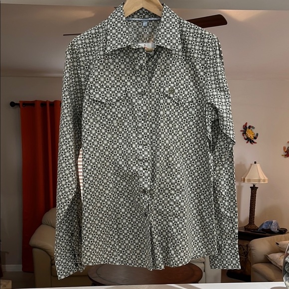 NWT Cinch Womens Olive Green Black and White Patterned Shirt Size L - Picture 8 of 9